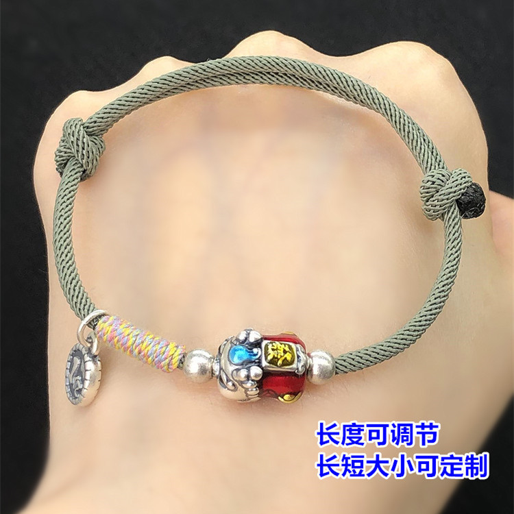 足银银制品 烧蓝福发财貔貅隔珠编织手链手工diy配件