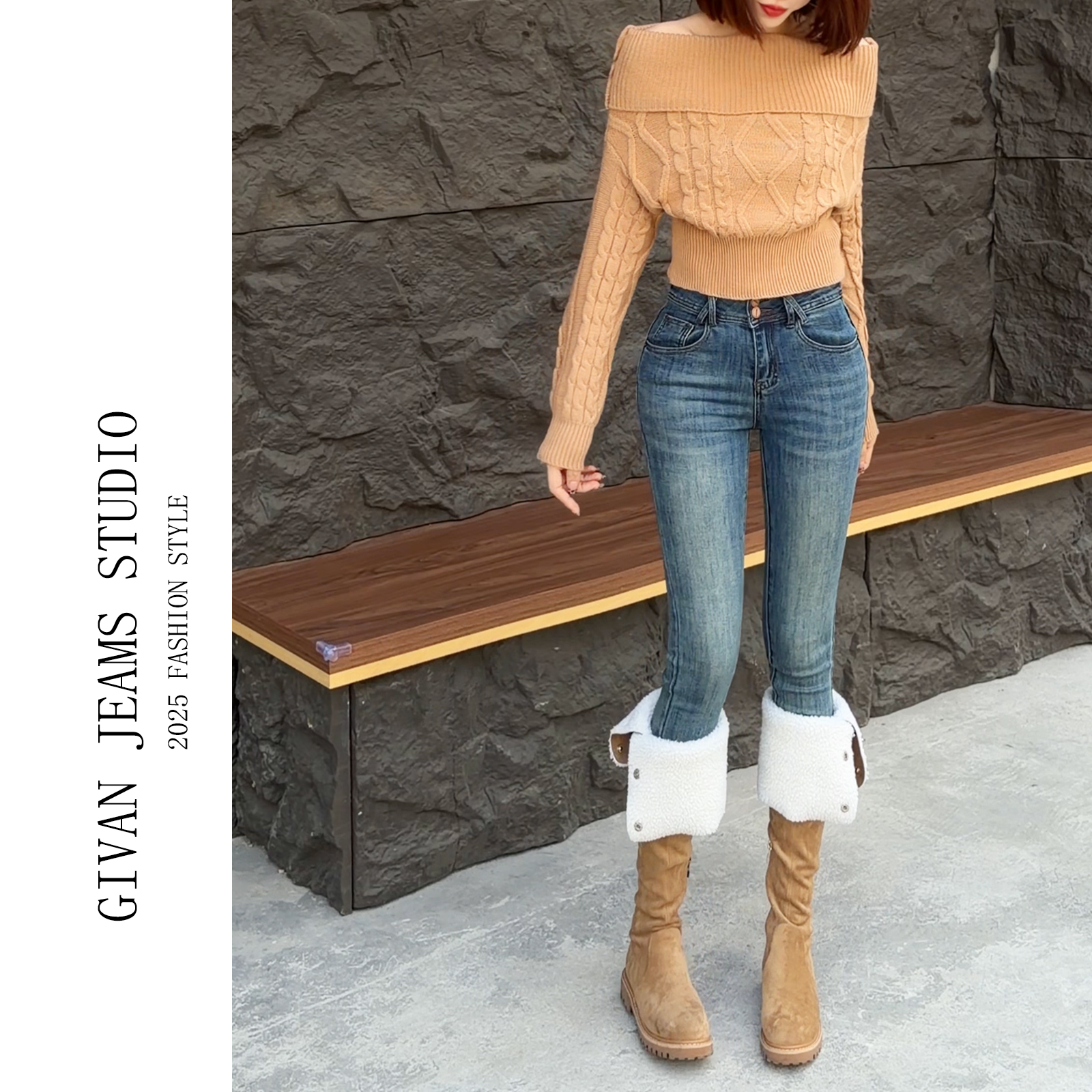 毛边复古蓝双排扣中腰铅笔裤提臀微喇裤弹力修身小脚裤A8001