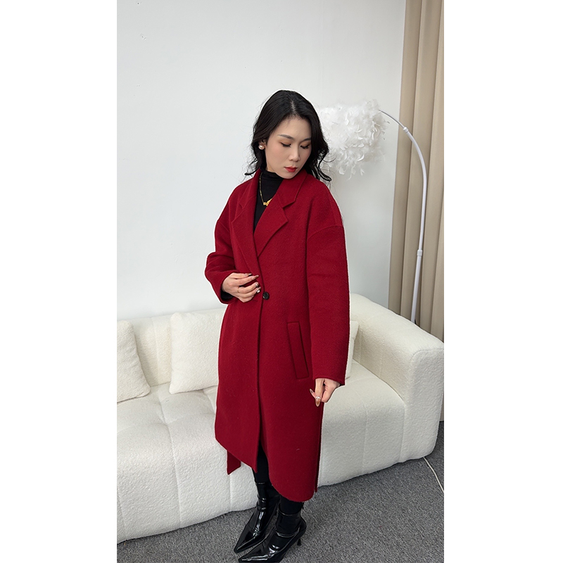 双面羊毛呢子大衣女100%纯羊毛红色大衣长款秋冬气质百搭
