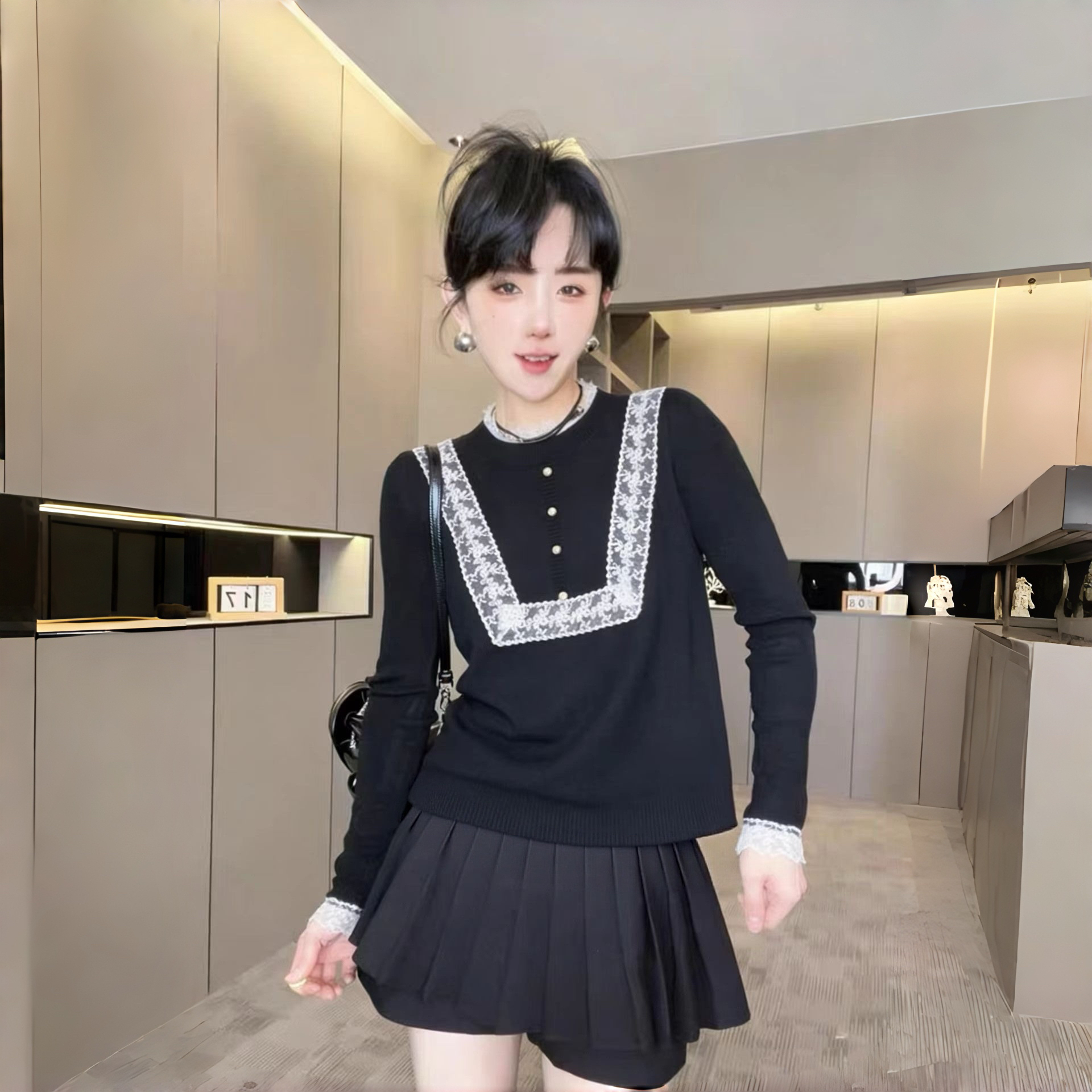 法式蕾丝拼接 100羊毛 针织套头毛衣 打底衫