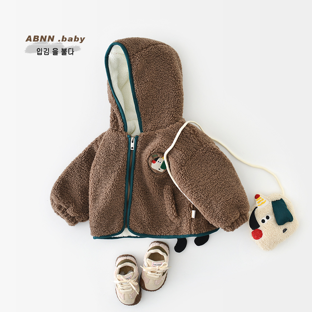 abnn儿童秋冬加绒外套宝宝连帽卡通小狗毛毛上衣婴儿外穿送配饰