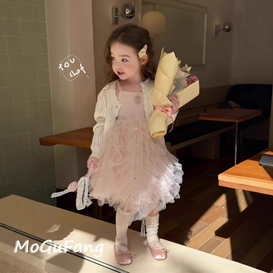 可爱童装2025春夏新款女童小童韩版棉线开衫吊带花朵网纱公主裙子