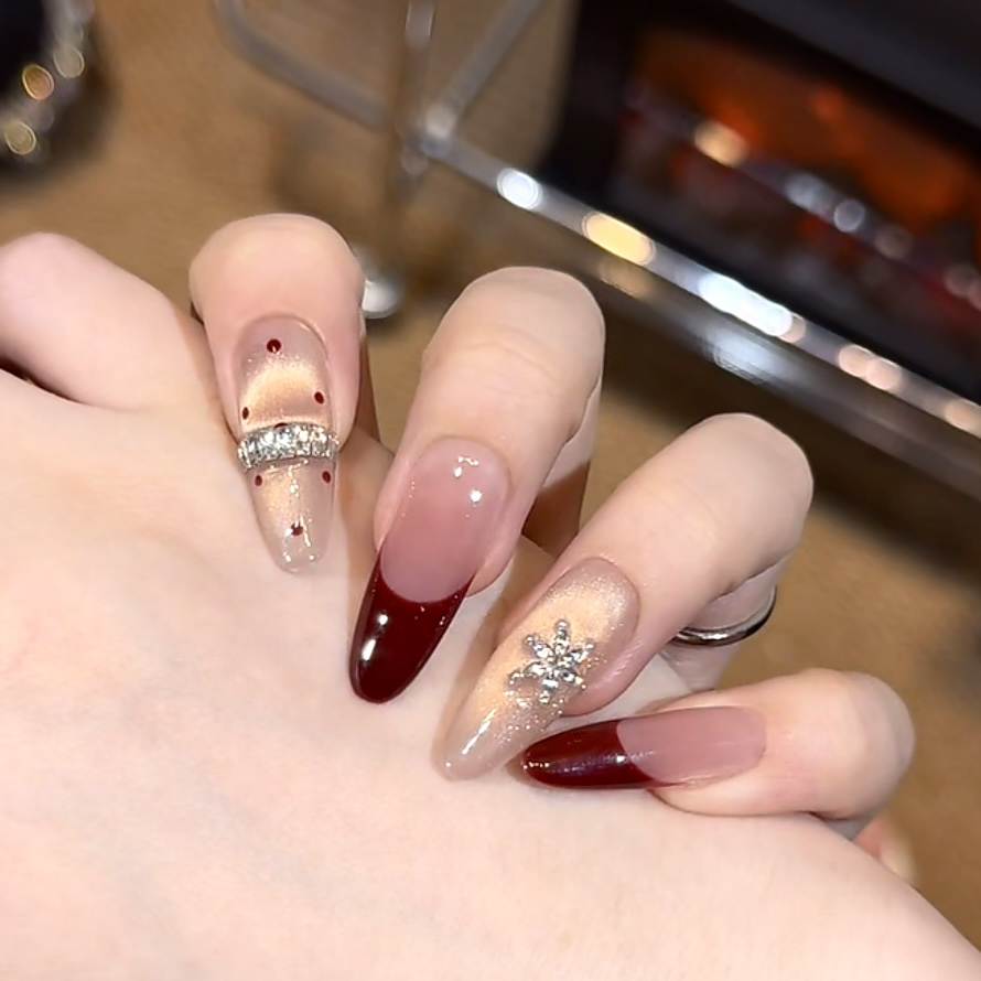 【失心热恋】酒红法式猫眼小碎钻金色猫眼波点高级美甲显白高级感