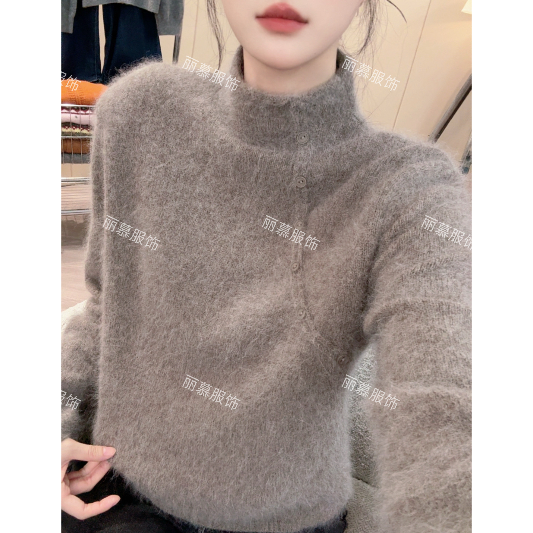 【国风斜扣】新中式国风斜扣纯色半高领浣熊针织衫套头2309