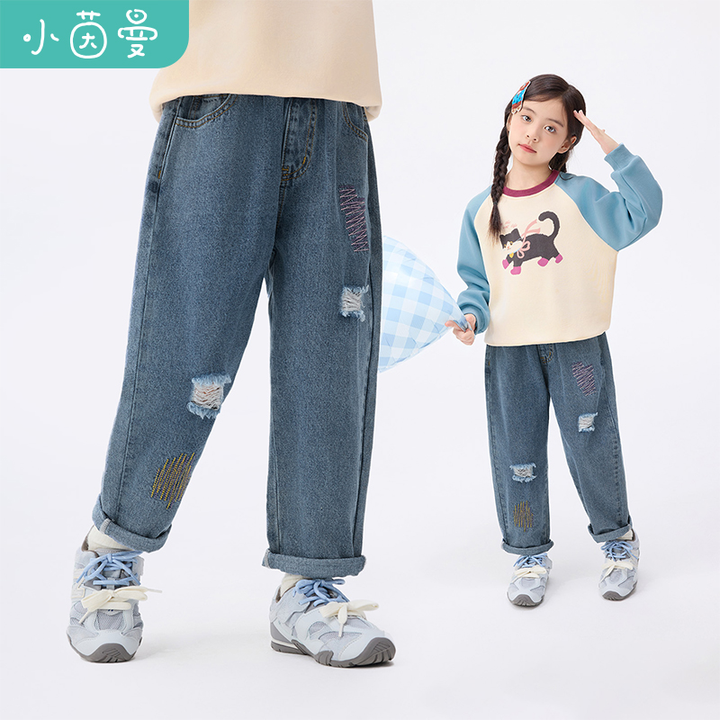 小茵曼女童磨毛破洞牛仔裤25秋中大童时尚休闲裤萝卜裤GF3853132
