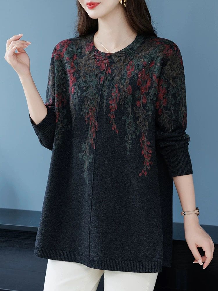 2556（微风柳叶）秋冬中长款百搭印花慵懒风气质针织羊毛衫