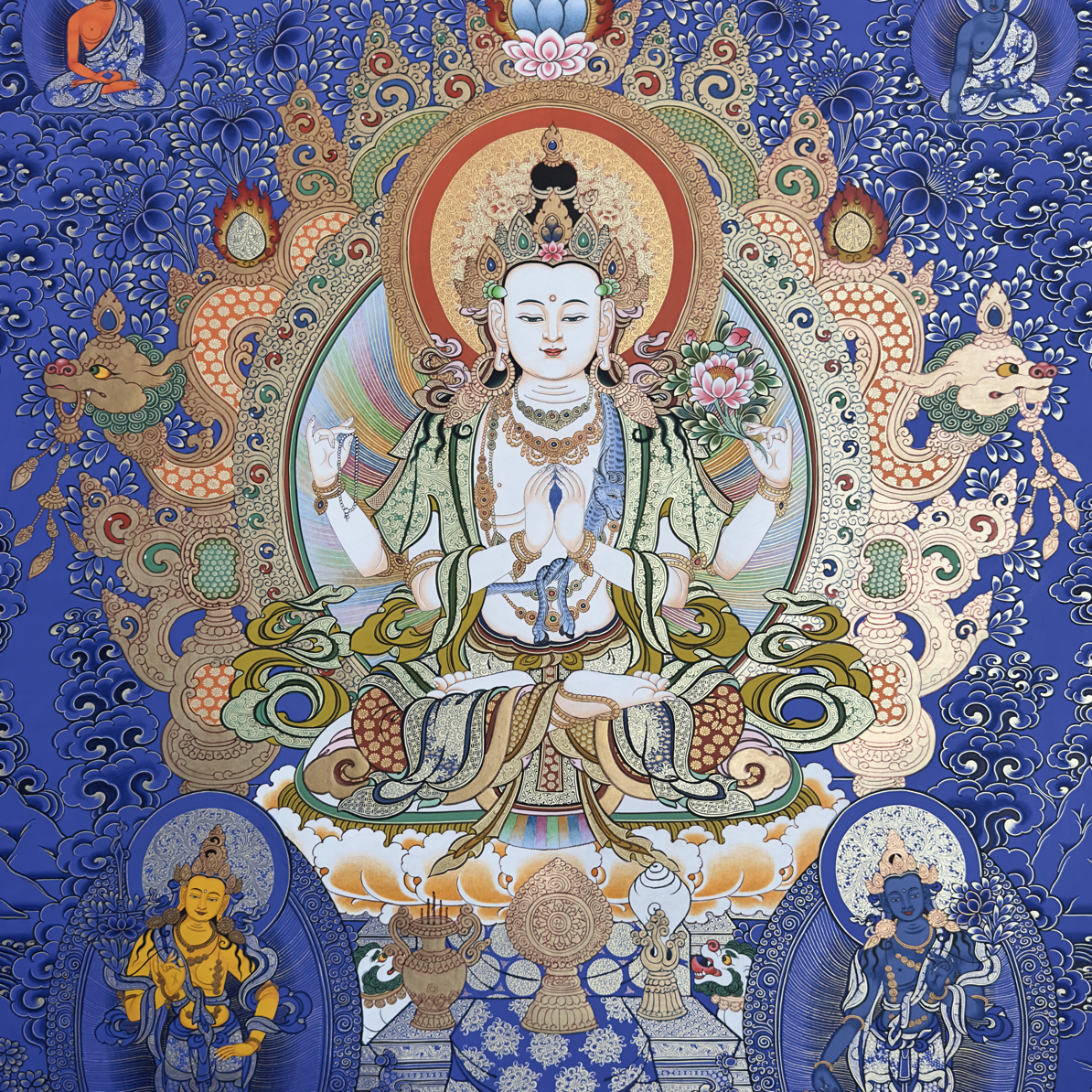 四臂观音蓝唐 热贡纯手绘唐卡 收藏作品大小100x70cm