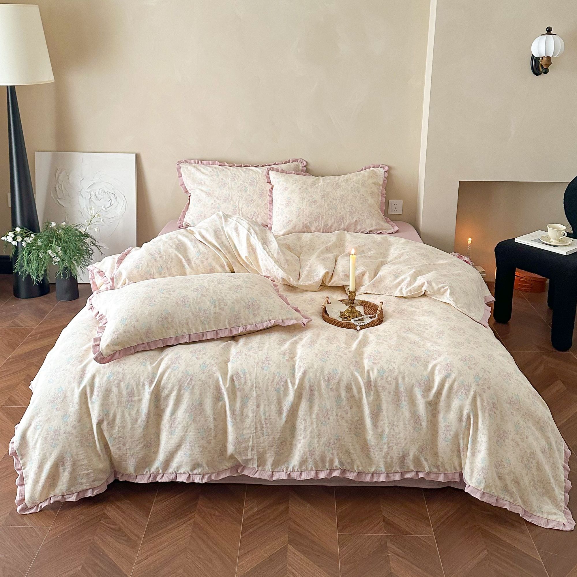 拾春 自营款全棉双层纱皱皱纱花边款四件套简约小清新双面