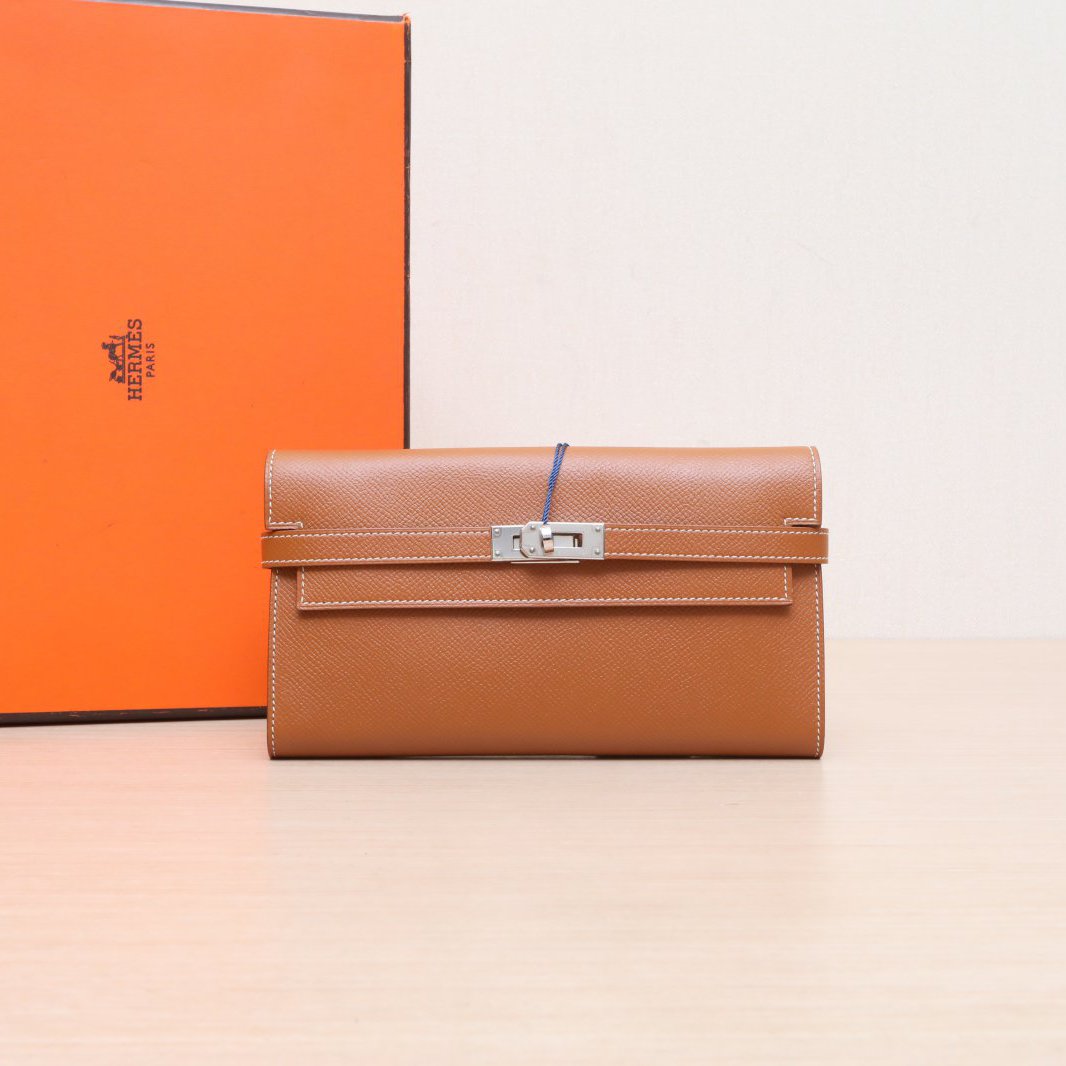 99新 Hermes/爱马仕 小花柳 Kelly 钱包 金棕色 Ep皮 A刻 银扣 