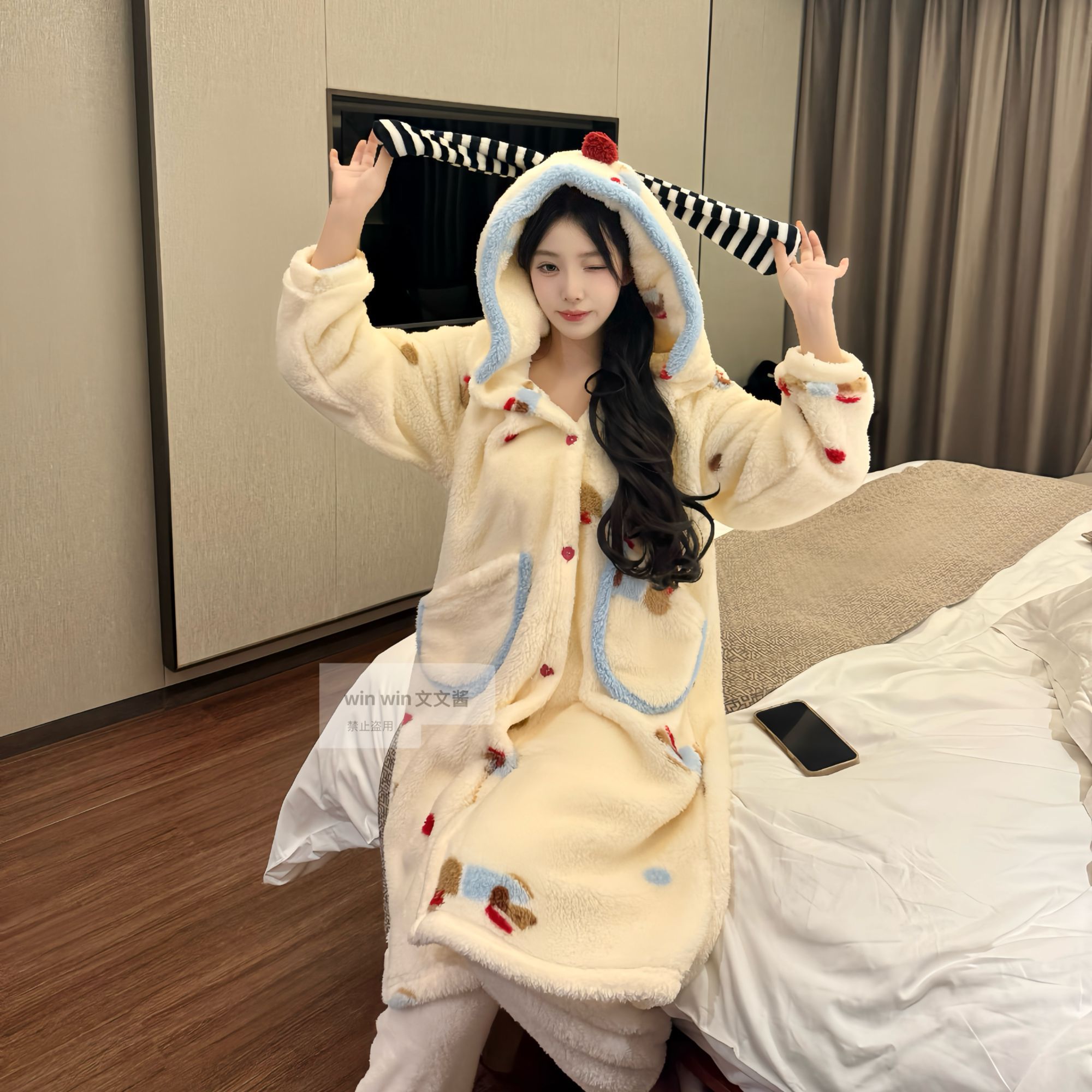 腊肠狗连帽可爱女款秋冬季加绒保暖加厚可外穿家居服套装睡衣