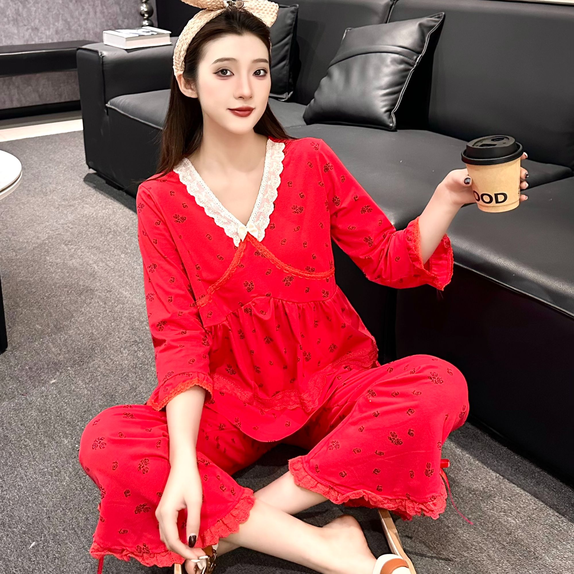 【李北北】秋冬全棉蕾丝花边睡衣女红色碎花本命年家居服套装#1203