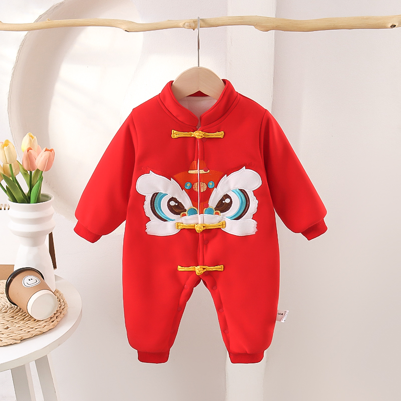 婴儿连体衣秋冬满月宝宝过年喜庆拜年衣服新生儿新年装超萌外出服