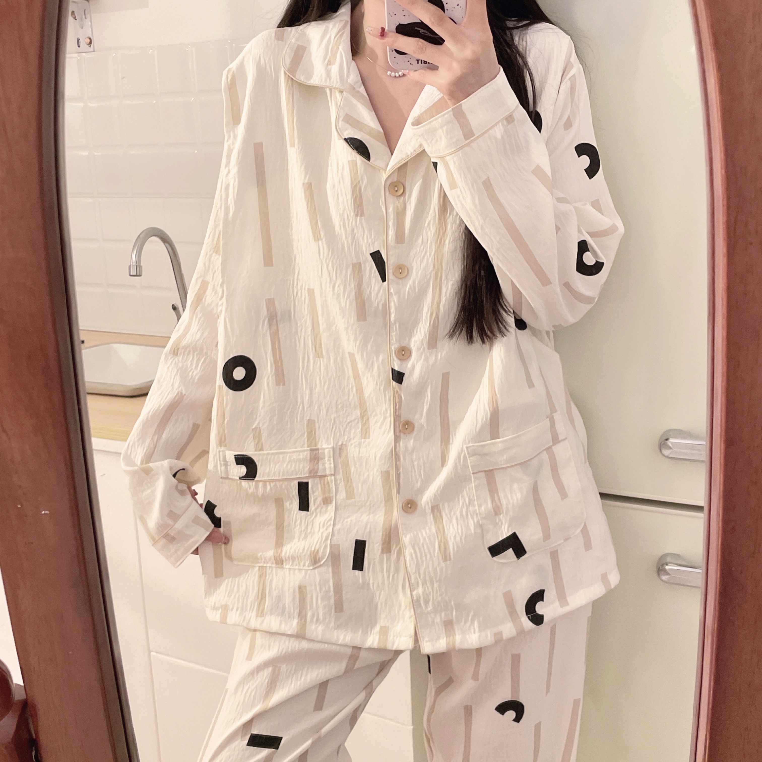 夏季皱皱棉纱带胸垫月子服孕妇产后透气哺乳长袖睡衣