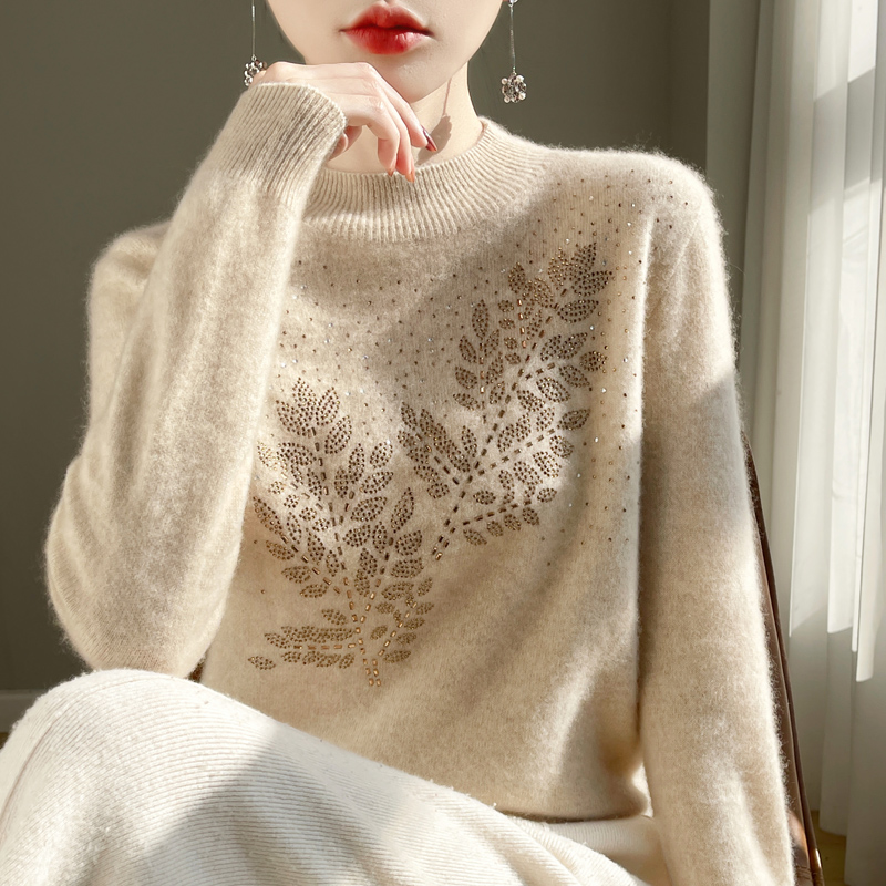 关关雎鸠~秋冬新款时尚树枝烫钻半高领纯羊毛衫女百搭长袖