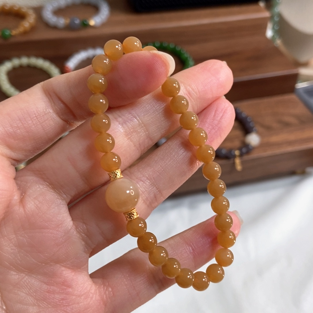 和田玉手链银S925镶嵌6mm且末糖精品