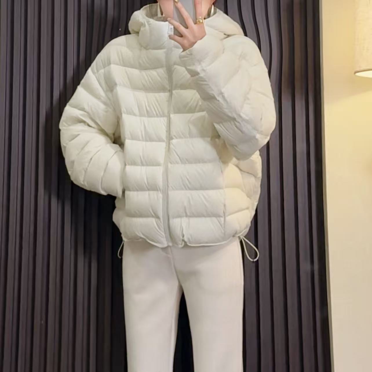 HNIH石艺2025冬季连帽冬季短款修身韩版休闲90116白鸭绒羽绒服