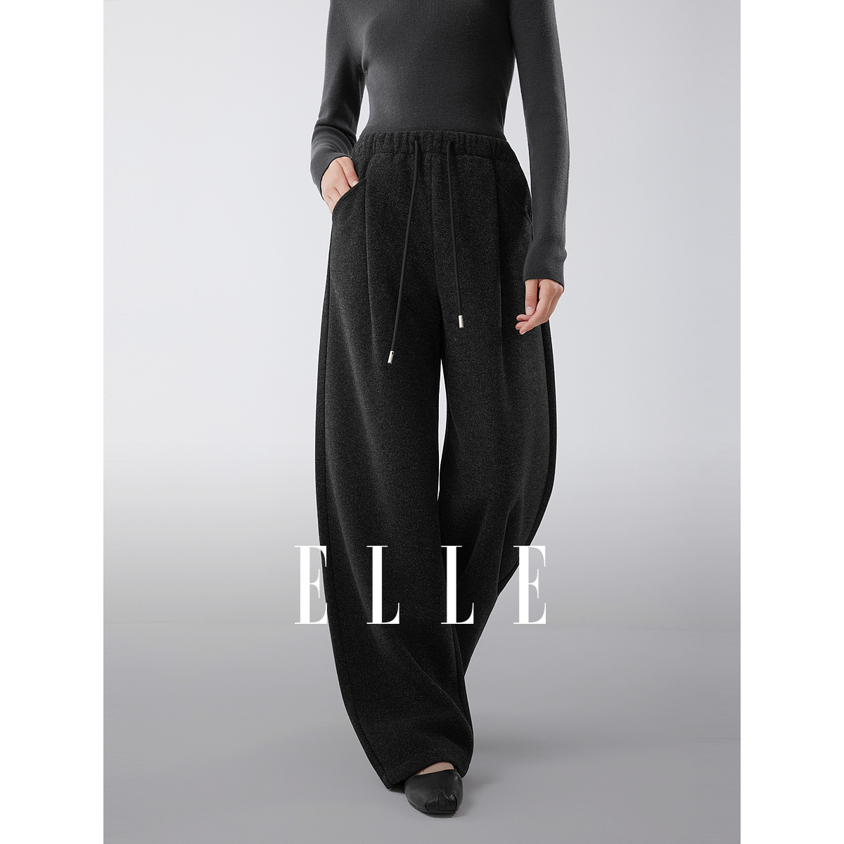 ELLE女装磨毛针织休闲裤子2025冬季新款加绒松紧腰阔腿裤EK53500