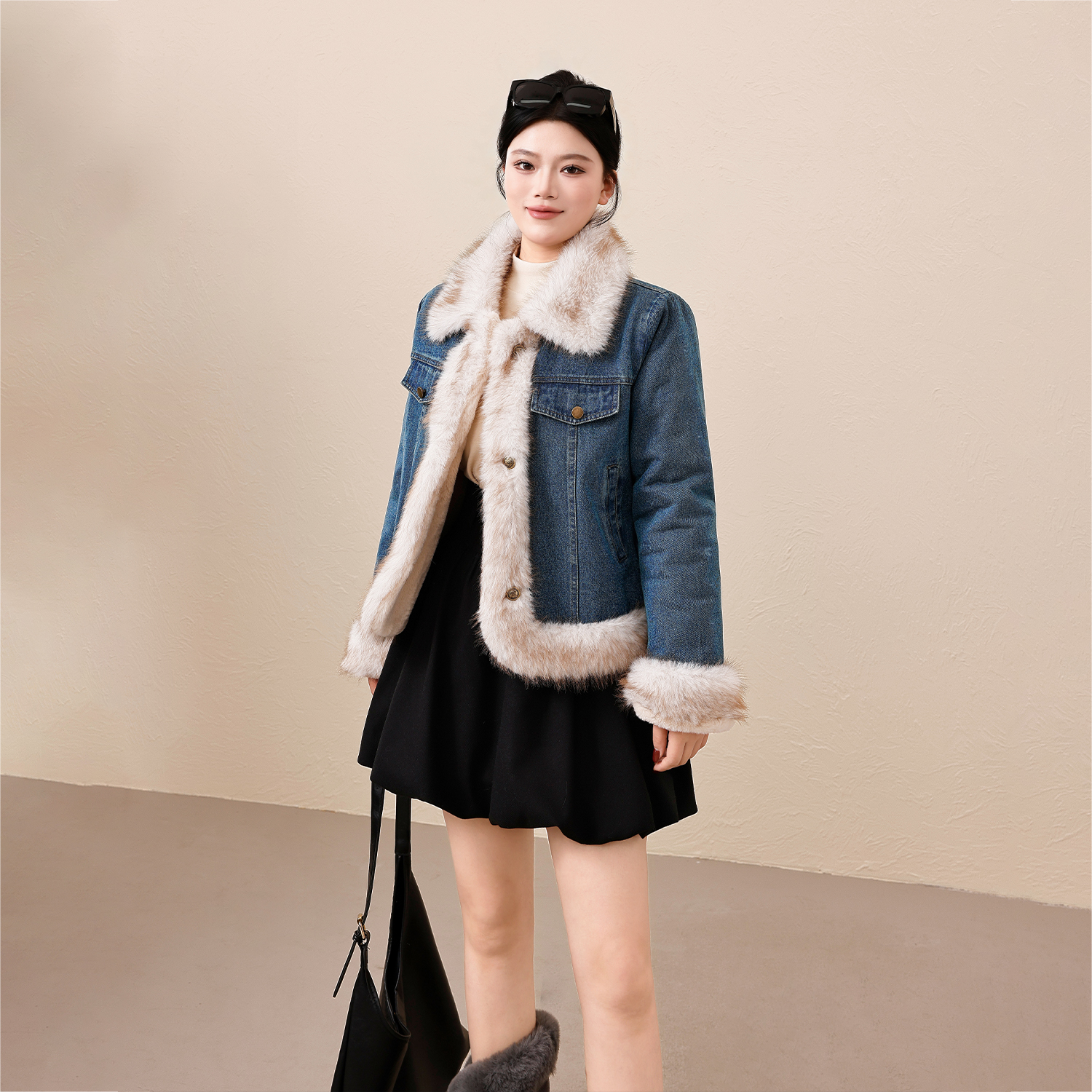 【牛仔日记】蛋妹大码微胖mm冬季短款复古毛领牛仔外套DM35968