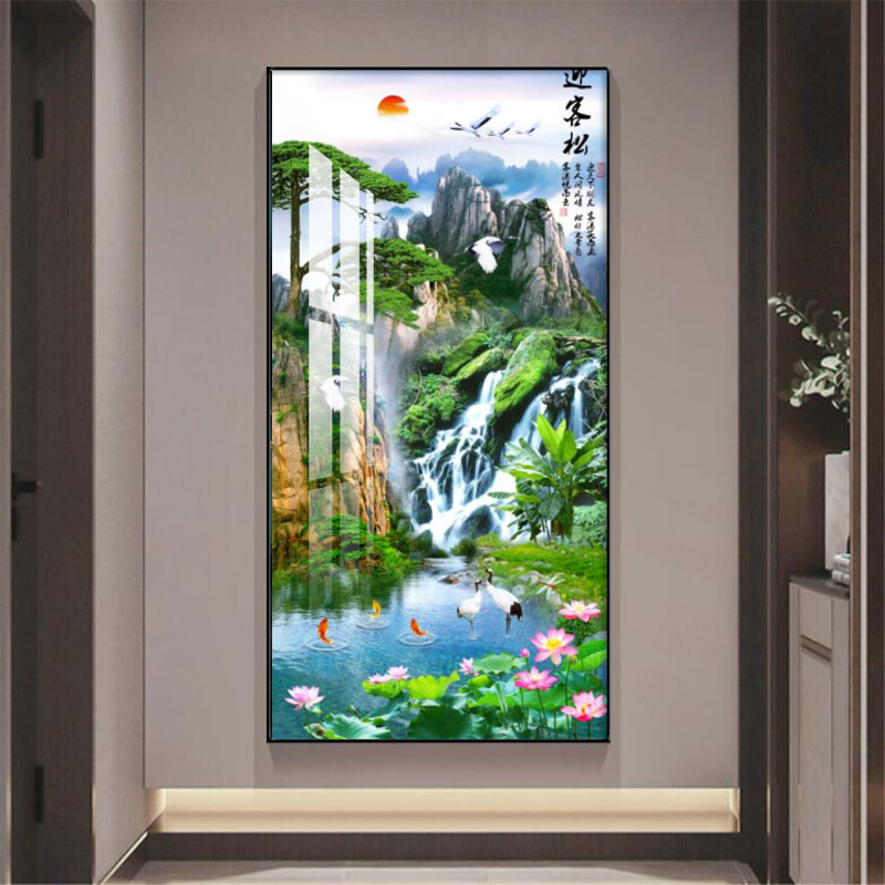 无品牌新中式流水生财山水风景玄关装饰画客厅入户竖版挂画