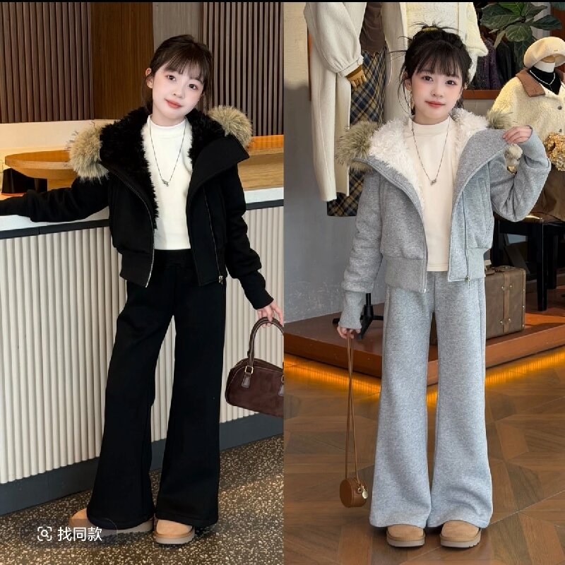 【嘻嘻柚】女童2025冬季大毛领加绒连帽卫衣外套休闲加厚阔腿裤套装