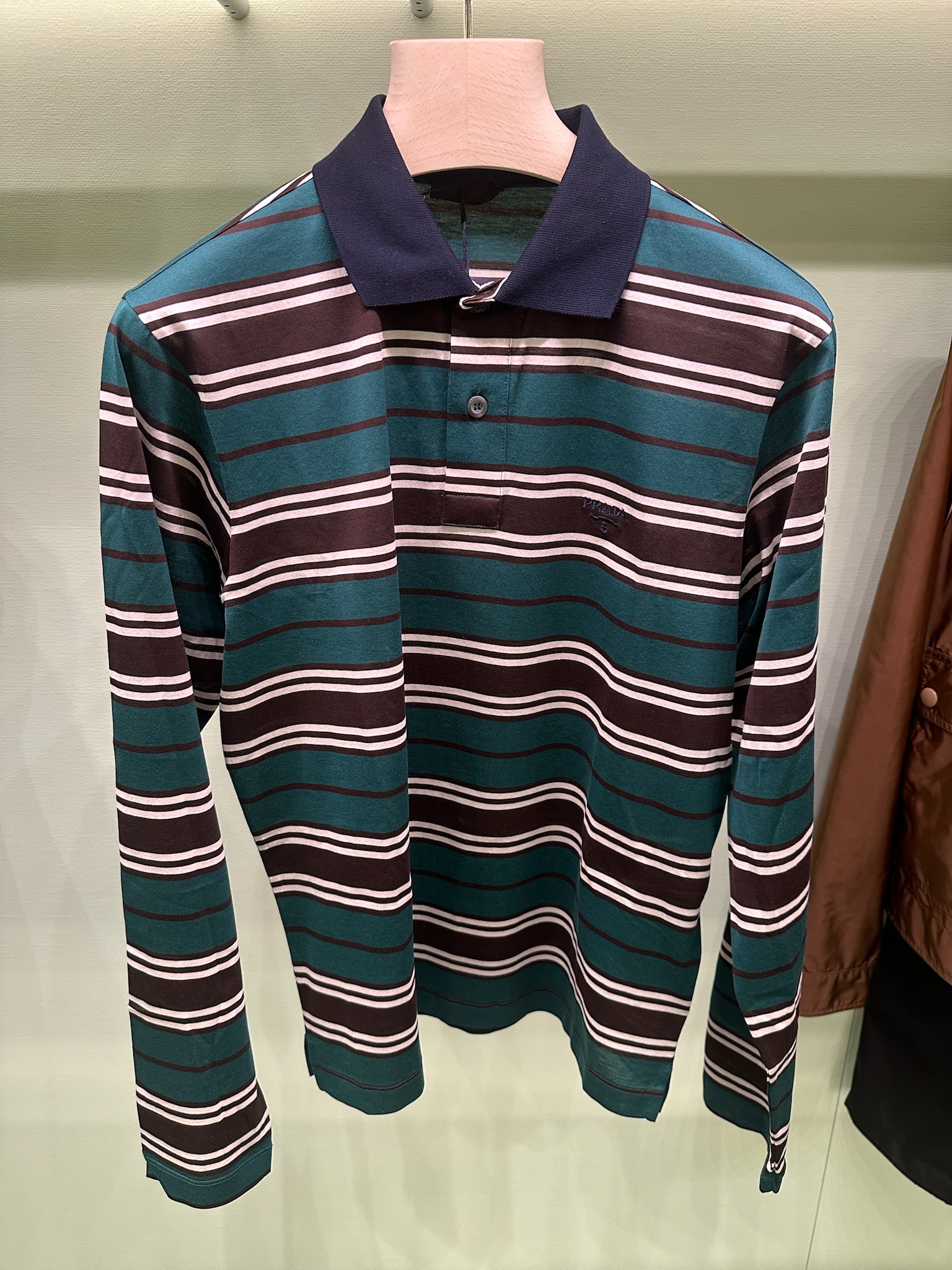 全新未使用 Prada/普拉达 男士2025新款徽标饰长袖条纹棉质Polo衫