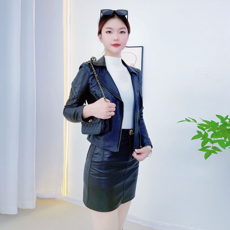 2025年海宁软皮西装领拉链皮衣春季百搭减龄女装长袖短外套短款