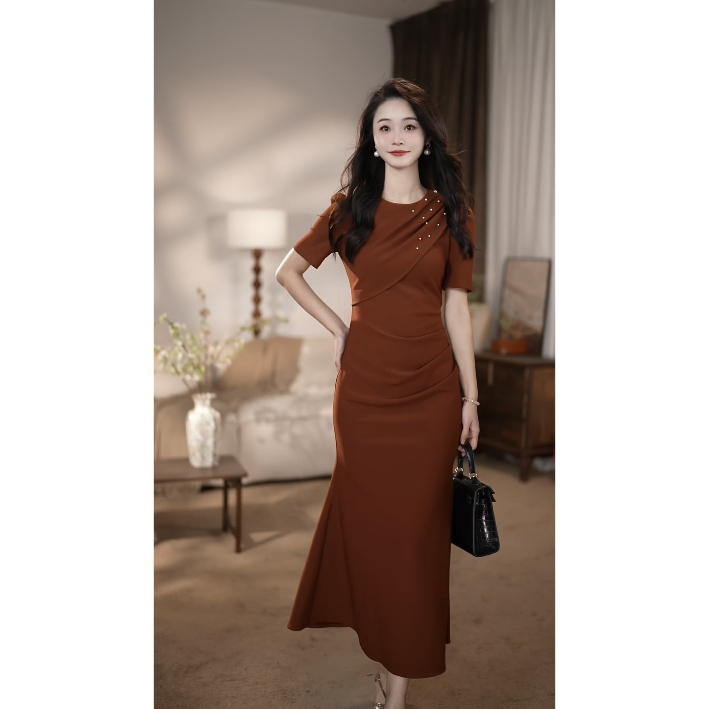 【之之】琥珀焦糖 法式夏季气质高级感修身鱼尾连衣裙-HZ916