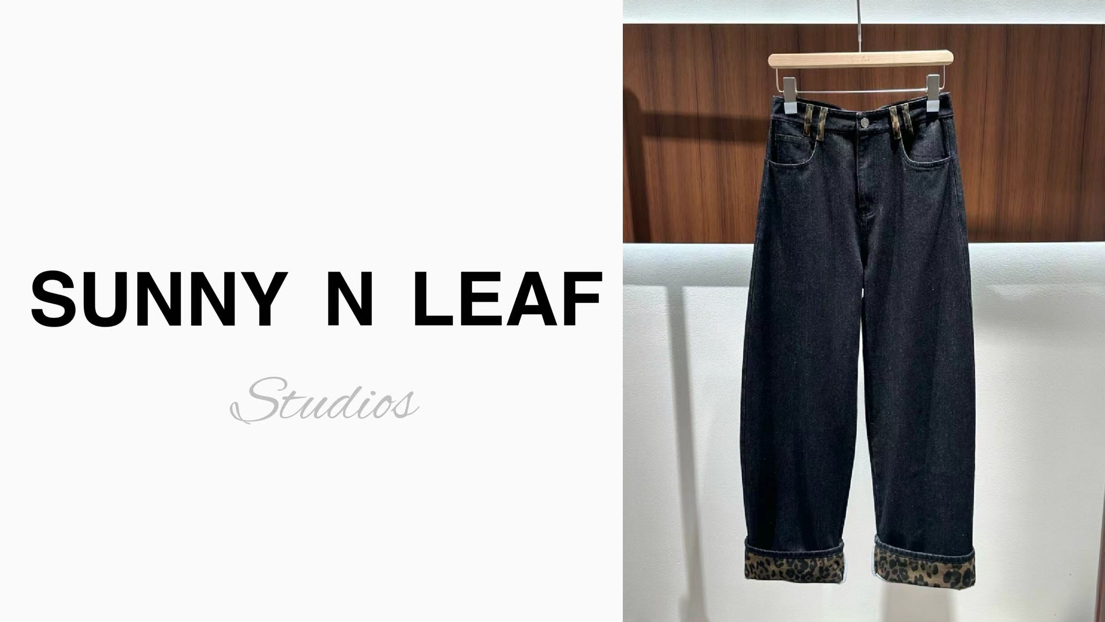 SUNNY N LEAF 混纺黑牛仔弯刀豹纹翻边牛仔裤 LFYKC51896