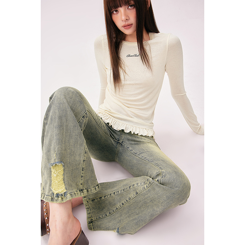 CHUU秋季女装琥珀流光新趋势穿搭木耳荷叶边撞色莱赛尔软糯T恤