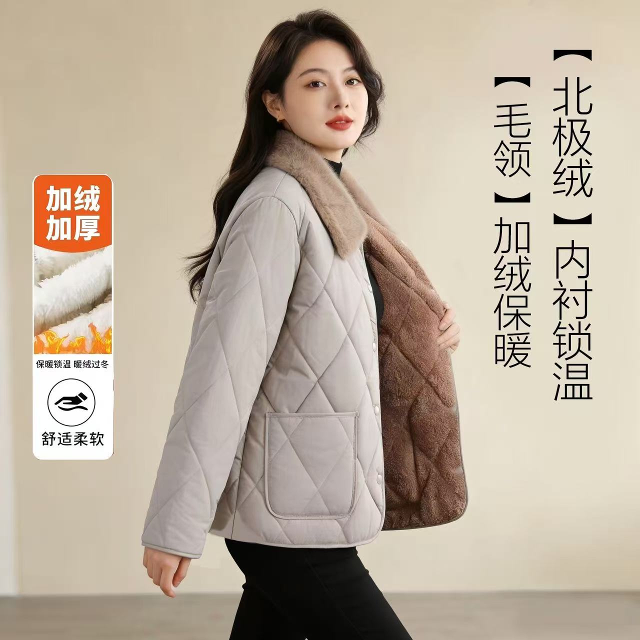 加绒加厚棉服翻领毛领厚款女士纯色翻领棉衣韩版棉服
