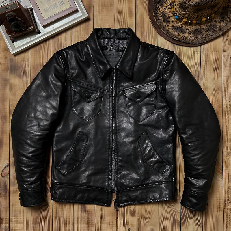 美式复古皮夹克门多萨蜡染牛皮农场主RL做旧翻领真皮皮衣外套男款