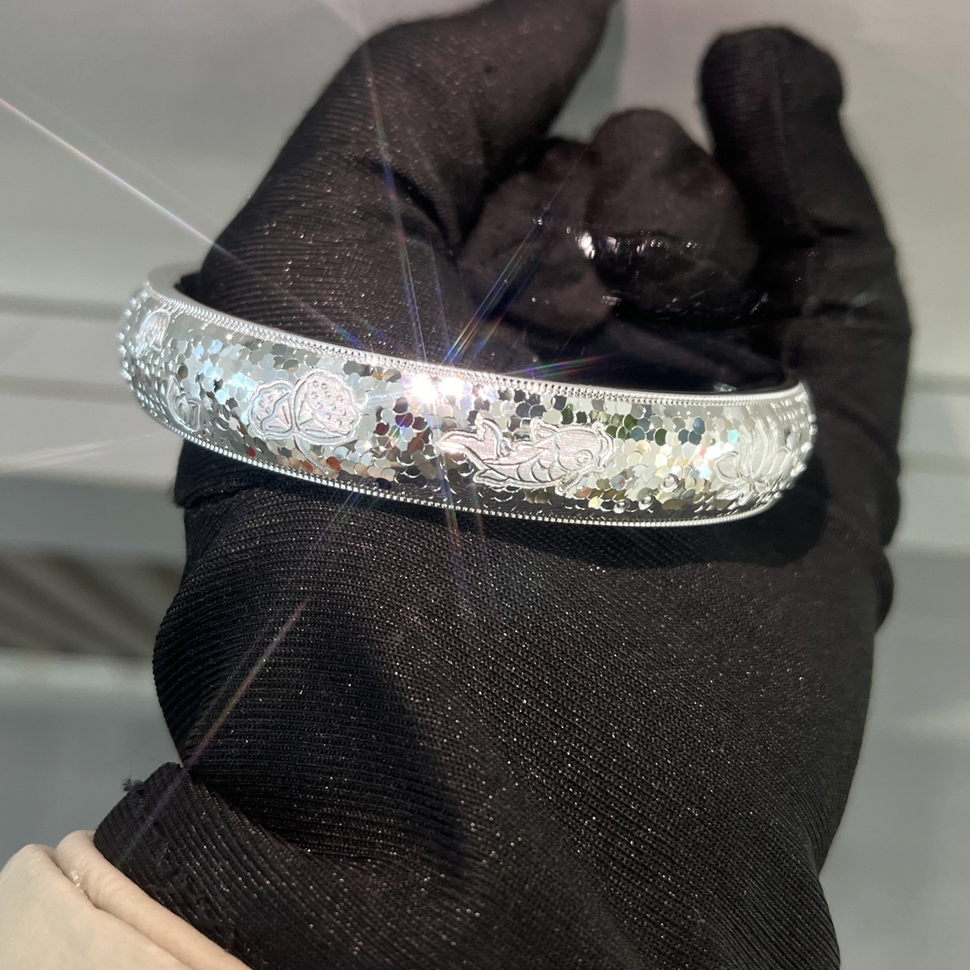 足银手镯 银色足银手镯镯子闭口58圈口厚壁中空莲莲有鱼碎冰冰