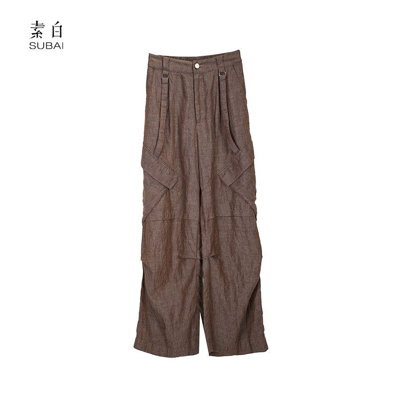 素白时尚潮酷【漫游者】P00818牛仔风100%亚麻松紧腰工装裤休闲裤