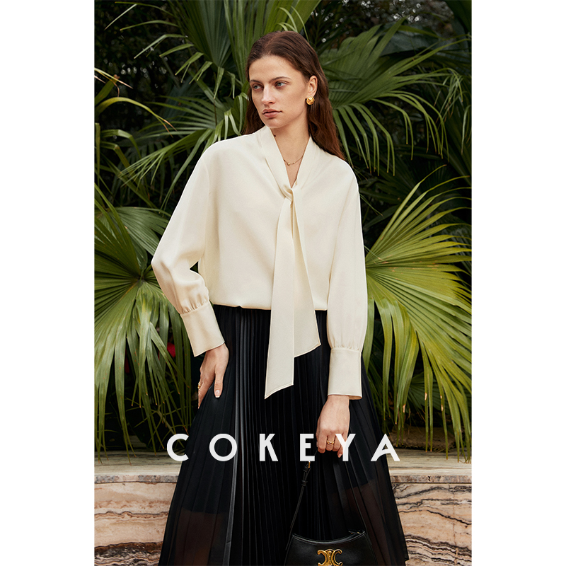 COKEYA/早春！职场艺术家~重磅6A级真丝30姆米重绉可拆卸飘带衬衣