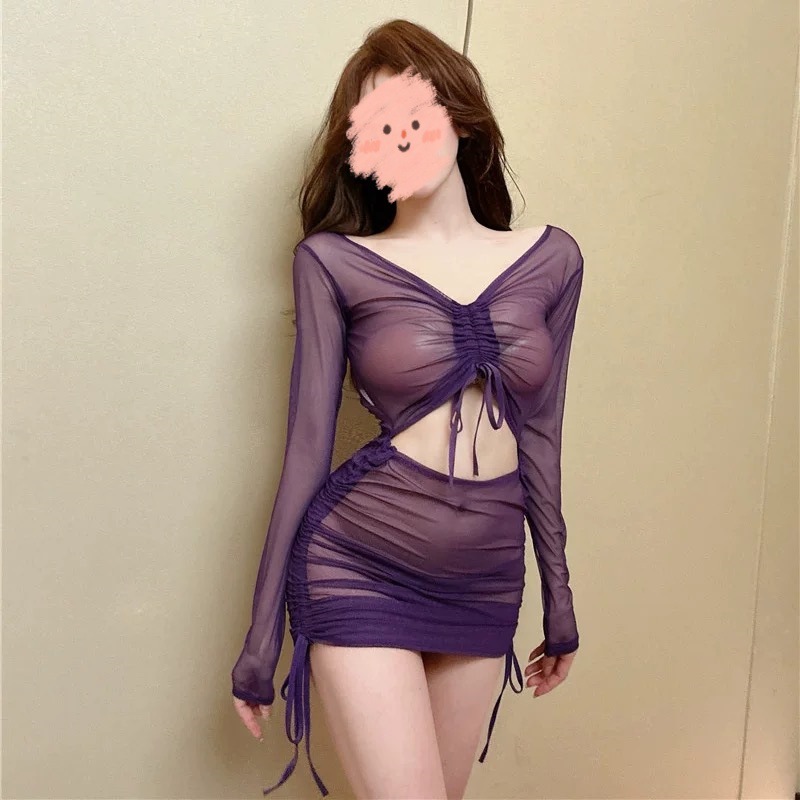 长袖V领镂空包臀连衣裙套装