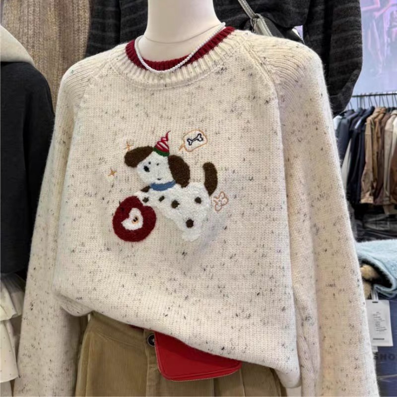 【运费补贴】浣熊羊毛复古圆领卡通小狗提花套头宽松减龄针织衫上衣