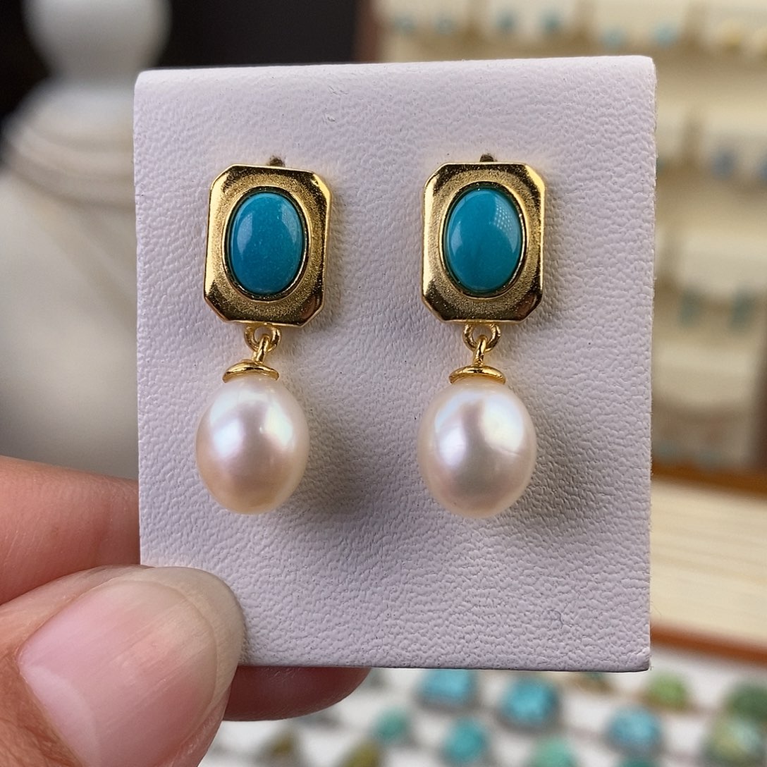 绿松石耳饰银S925镶嵌