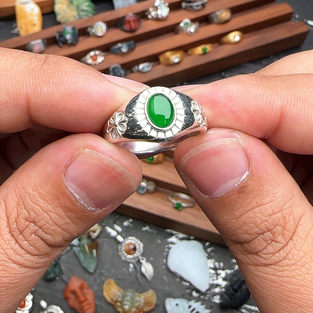 翡翠戒指银S925镶嵌熙**喜