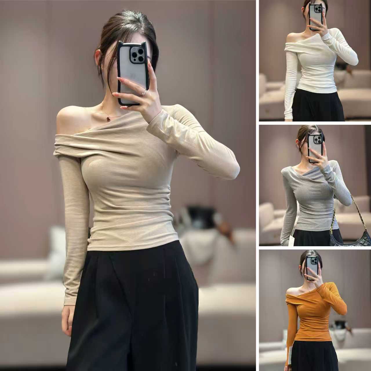 2025秋季新款设计感荡领斜肩一字肩长袖T恤女显瘦打底衫上衣7107