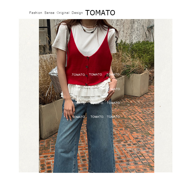 【TomaTo】「醒春集」新款时尚针织吊带背心+设计感T恤俩件套C25TZ519