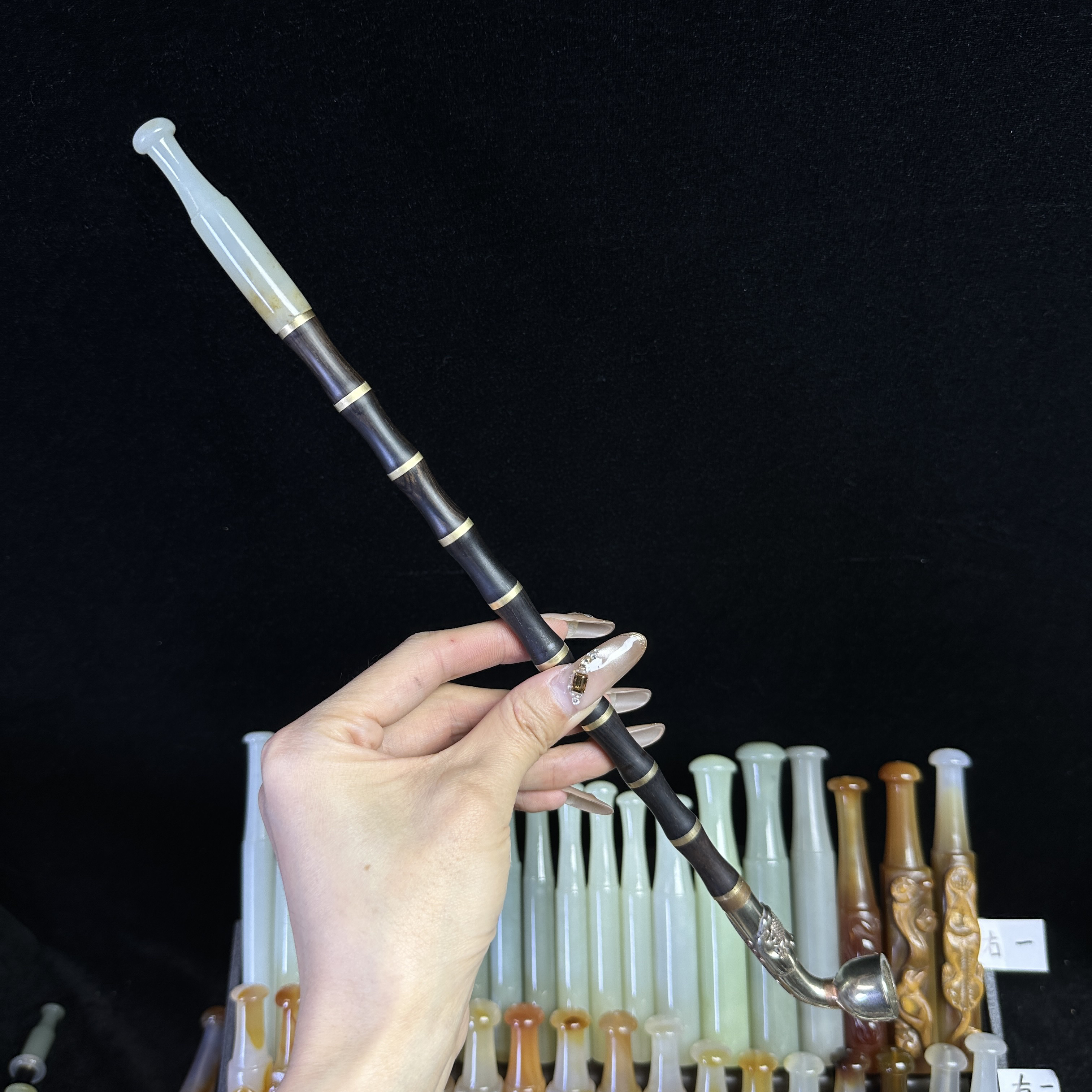 传统旱烟袋和田玉嘴 乌木紫光檀镶嵌杆 白铜镶花中号锅头 总长36