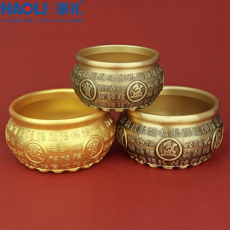 中式聚宝盆摆件黄铜百福聚宝盆家居客厅玄关铜工艺品店铺办公桌面