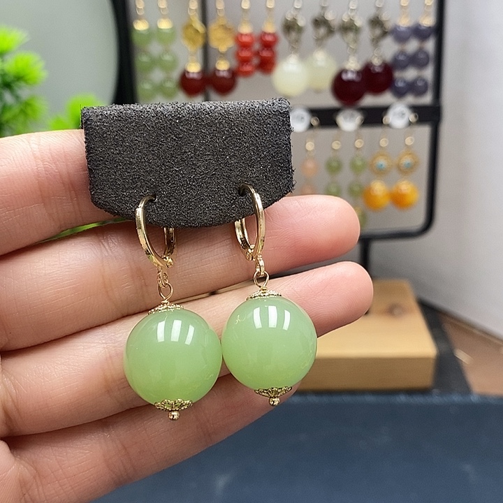 和田玉银S925镀金镶嵌耳饰16mm 