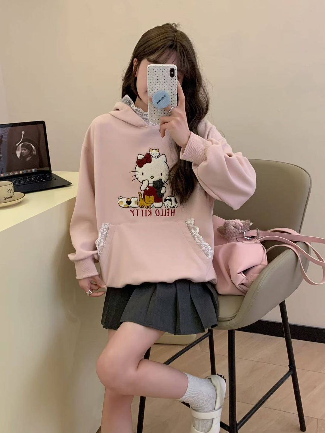 25纸袋家春款花边KT猫帽衫春秋长袖时尚百搭连帽宽松洋气休闲装