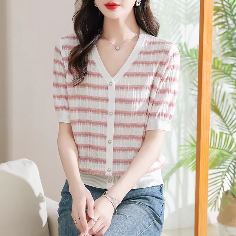 绒贝斯9072条纹短袖t恤女夏季2025新款时尚冰丝针织上衣