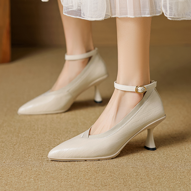 羊皮 4.5/6.5CM 春夏季运动底一字带经典百搭中跟尖头浅口单鞋女