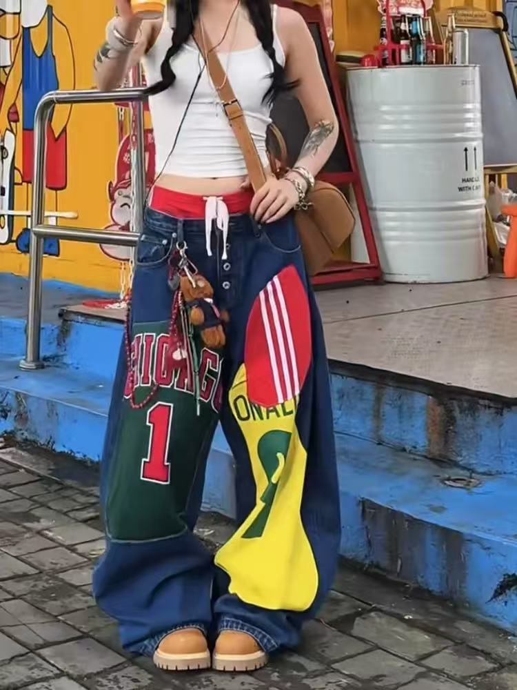 美式嘻哈复古辣妹设计贴布印花牛仔裤潮流阔腿宽松显瘦百搭拖地裤