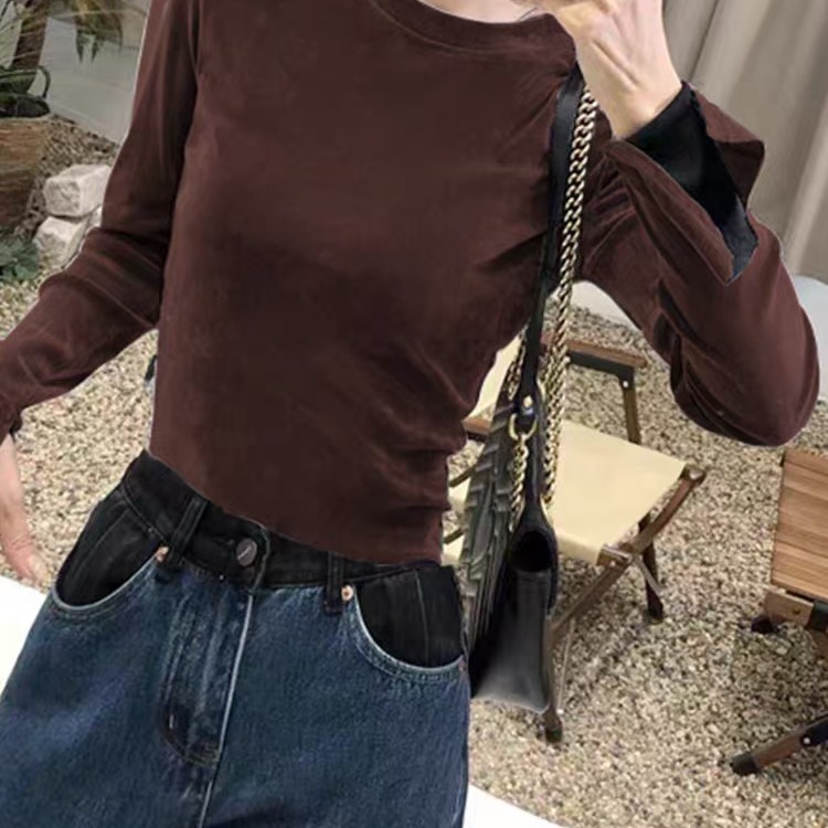 吸汗半高领圆领植绒打底衫ins长袖网红T恤秋冬抗起球