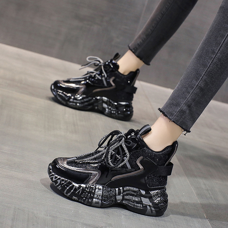 网红时尚亮片高帮老爹鞋女厚底2025秋冬新款透气百搭休闲运动鞋子