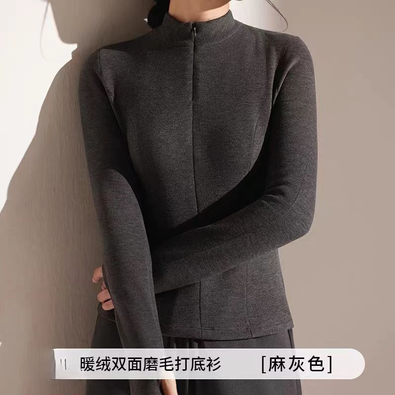 9816~女款半拉链长袖保暖修身双面绒弹力打底衫时尚秋冬百搭